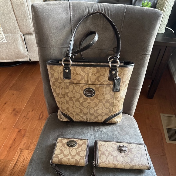 Vintage Y2K Coach Peyton Sig Logo Heritage Tote Handbag 2 Matching Wallets - Picture 1 of 13